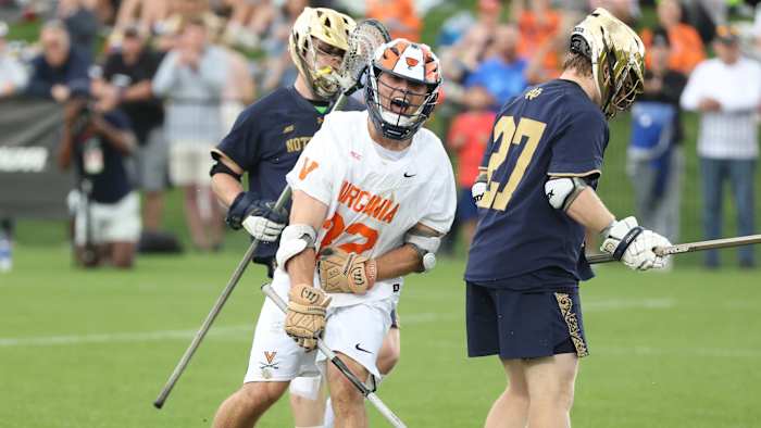 Grayson Sallade celebrates after a goal during the Virginia men's lacrosse game against Notre Dame at Klockner Stadium.